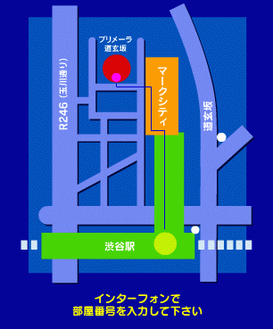 イー・エルダーの事務所へは、渋谷駅から起伏の多いマークシティの４階を進み、コーヒーショップ「エクセルシオールカフェ」を右に見て、左の出口に進みます。そこの階段を下りて道路を右に２０メートルほど進むと、前に「プリメーラ道玄坂」があります、そこの３階です
